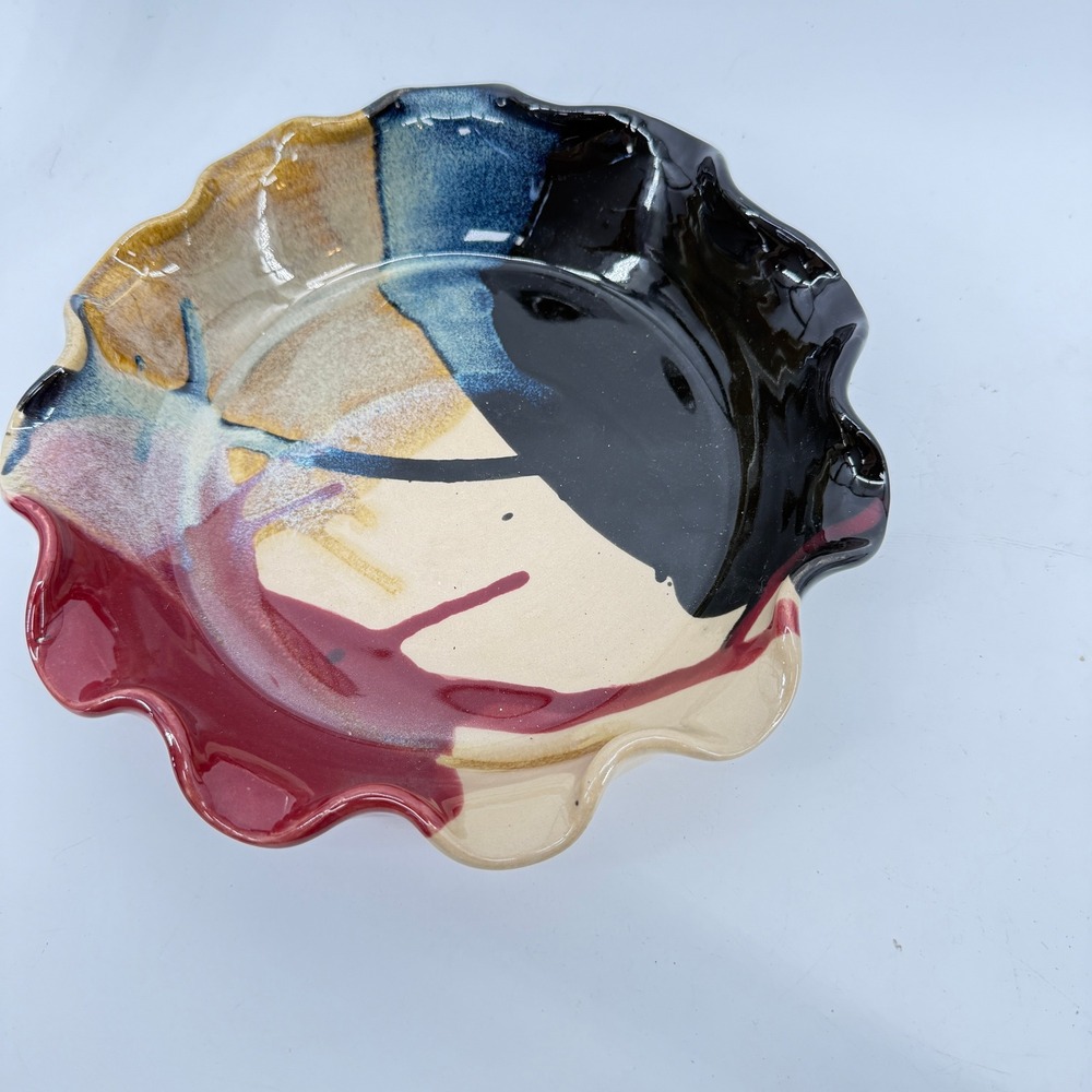 J&S Beaumont Pottery Bowl 9" Multicolor Abstract Ruffled Rim Ceramic Pie Pan - Picture 9 of 16